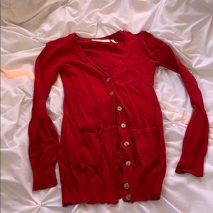 A red cardigan